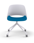 Front View of a Humanscale Trea Chair with four star chair base and casters. In white finish with a peacock fabric padded seat. Kansas City Office Furniture. 