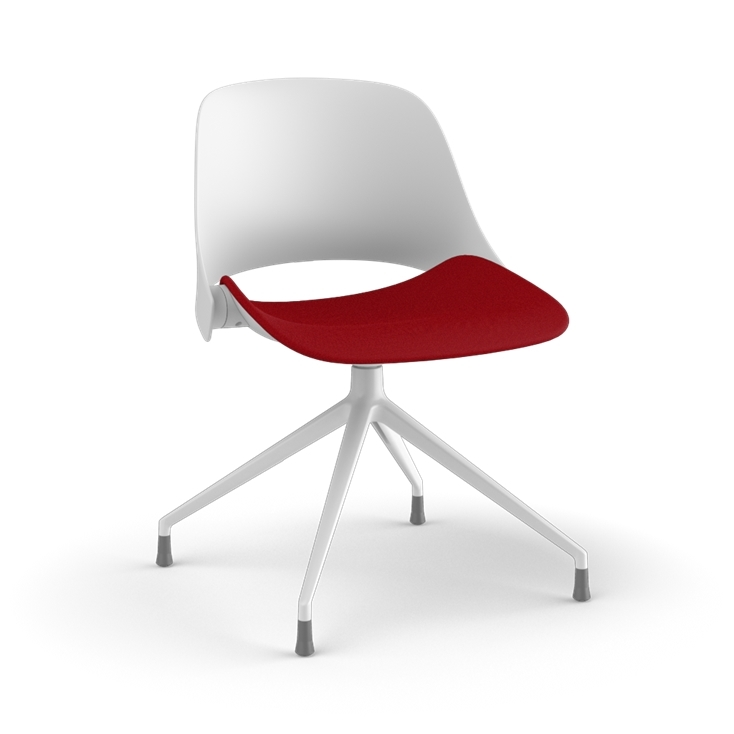 Side view of a Humanscale Trea Chair with four star chair with glides. In white finish with a Parma Red fabric padded seat. Kansas City Office Furniture. 