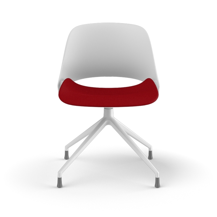 Front view of a Humanscale Trea Chair with four star chair with glides. In white finish with a Parma Red fabric padded seat. Kansas City Office Furniture. 