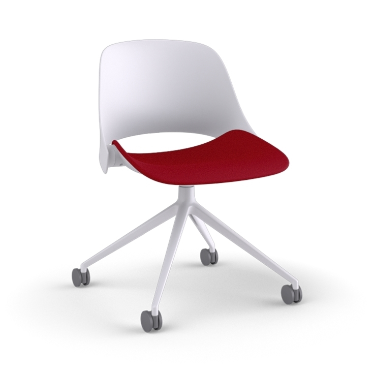 Side view of a Humanscale Trea Chair with four star chair with casters. In white finish with a Parma Red fabric padded seat. Kansas City Office Furniture. 