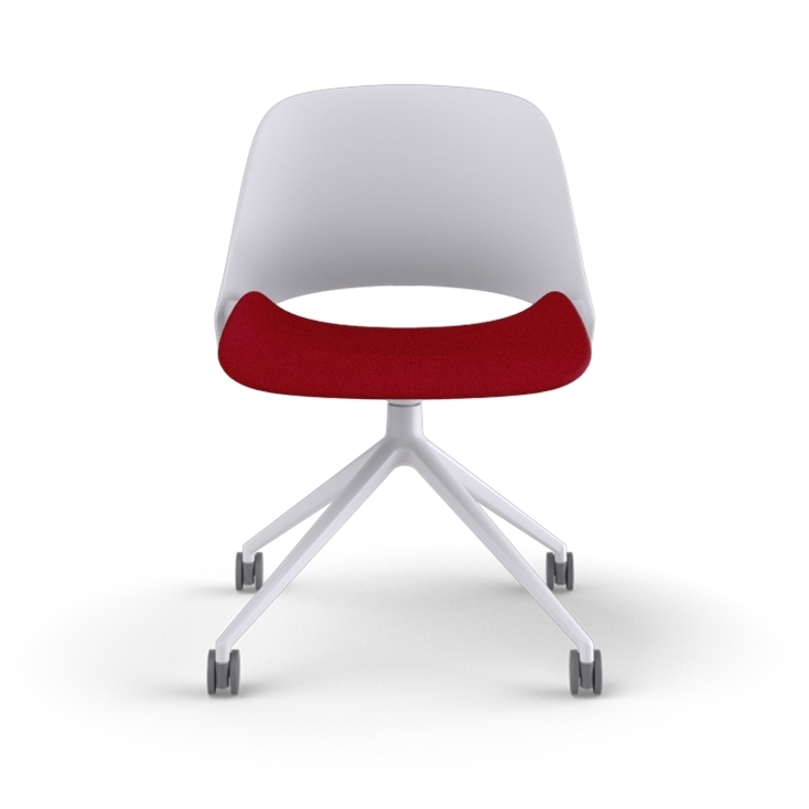 Front view of a Humanscale Trea Chair with four star chair with casters. In white finish with a Parma Red fabric padded seat. Kansas City Office Furniture. 