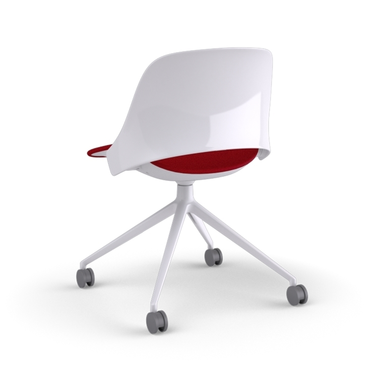Back view of a Humanscale Trea Chair with four star chair with casters. In white finish with a Parma Red fabric padded seat. Kansas City Office Furniture. 