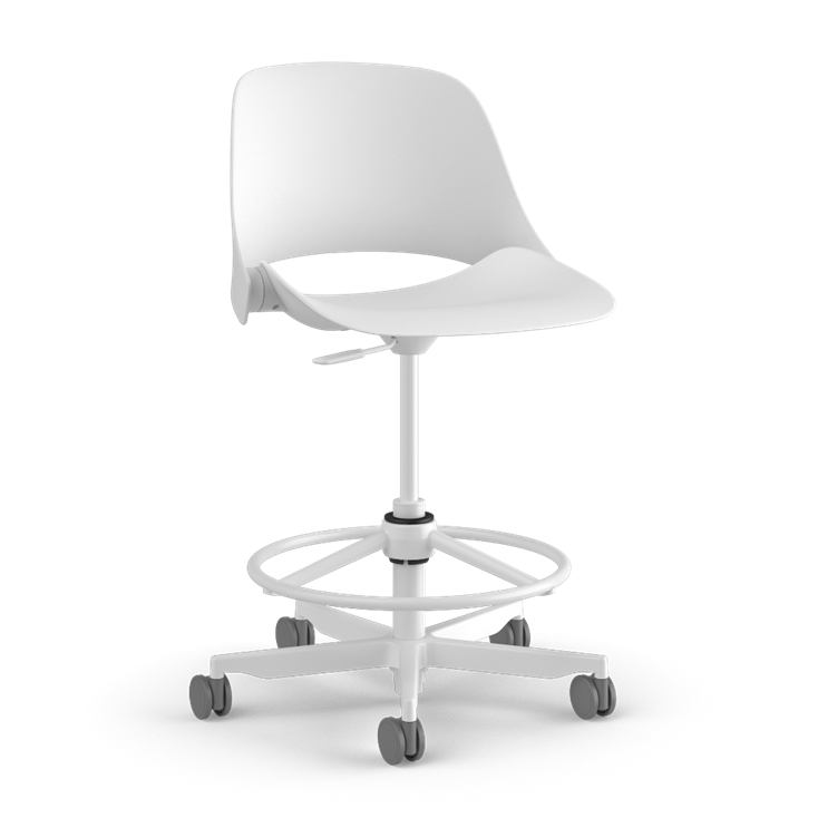 Side View of a Humanscale Trea Chair with stool base and casters. In white finish. Kansas City Office Furniture. 