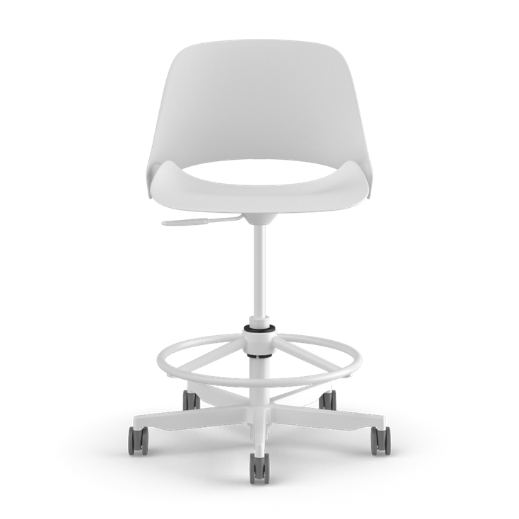 Front View of a Humanscale Trea Chair with stool base and casters. In white finish. Kansas City Office Furniture. 