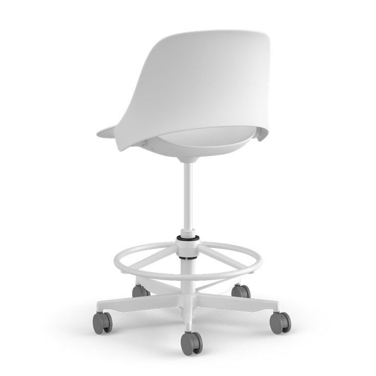 Back View of a Humanscale Trea Chair with stool base and casters. In white finish. Kansas City Office Furniture. 