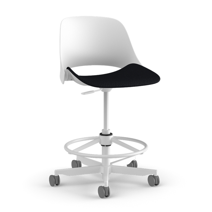 Side view of a Humanscale Trea Chair with stool with casters. In white finish with a black fabric padded seat. Kansas City Office Furniture. 