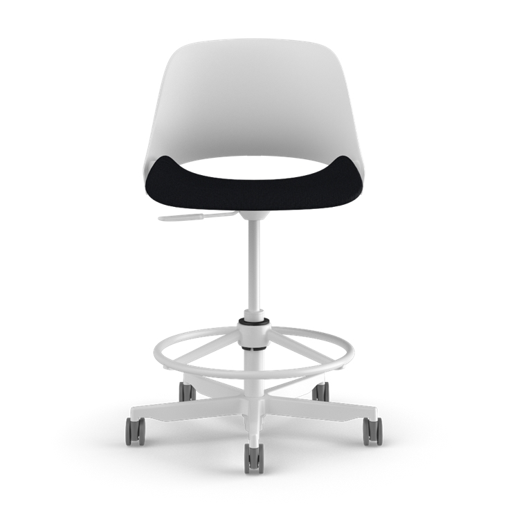 Front view of a Humanscale Trea Chair with stool with casters. In white finish with a black fabric padded seat. Kansas City Office Furniture. 
