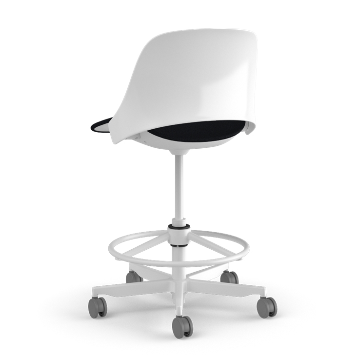 Back view of a Humanscale Trea Chair with stool with casters. In white finish with a black fabric padded seat. Kansas City Office Furniture. 