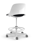 Back view of a Humanscale Trea Chair with stool with casters. In white finish with a black fabric padded seat. Kansas City Office Furniture. 