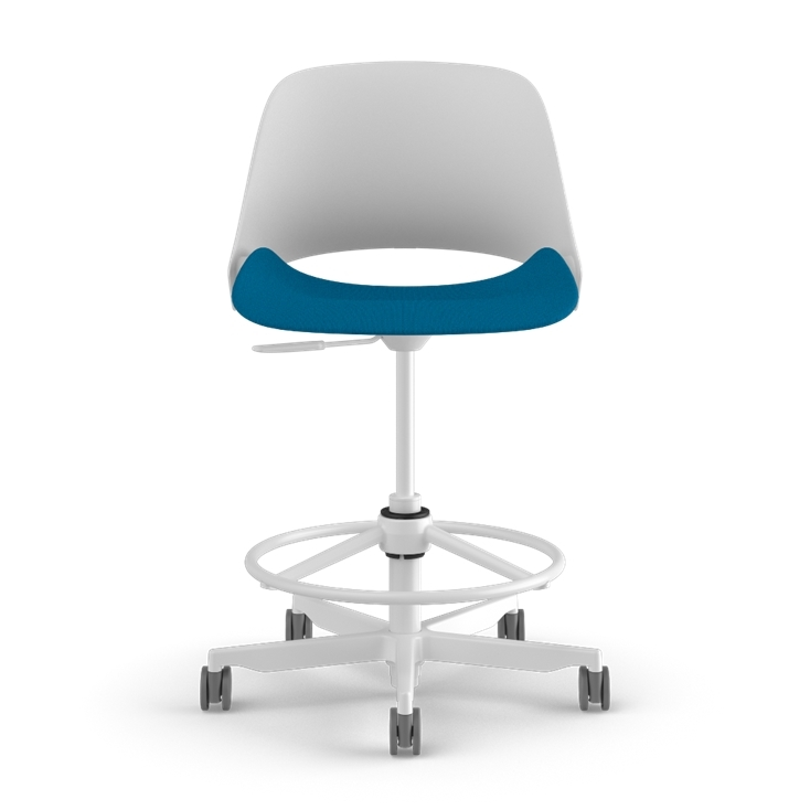 Front view of a Humanscale Trea Chair with stool base and casters. In white finish with a peacock fabric padded seat. Kansas City Office Furniture. 
