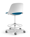 Back view of a Humanscale Trea Chair with stool base and casters. In white finish with a peacock fabric padded seat. Kansas City Office Furniture. 