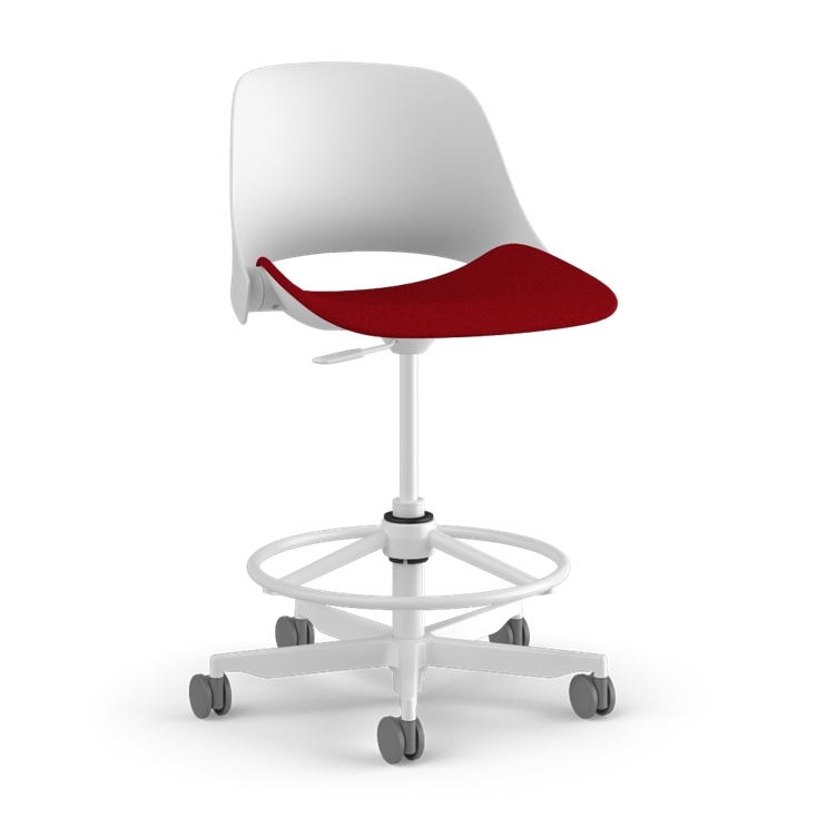 Side view of a Humanscale Trea Chair with stool base and casters. In white finish with a Parma Red fabric padded seat. Kansas City Office Furniture. 