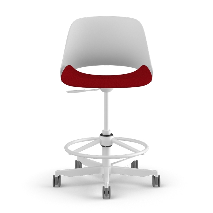 Front view of a Humanscale Trea Chair with stool base and casters. In white finish with a Parma Red fabric padded seat. Kansas City Office Furniture. 