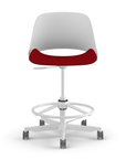 Front view of a Humanscale Trea Chair with stool base and casters. In white finish with a Parma Red fabric padded seat. Kansas City Office Furniture. 
