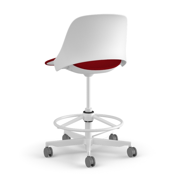 Back view of a Humanscale Trea Chair with stool base and casters. In white finish with a Parma Red fabric padded seat. Kansas City Office Furniture. 