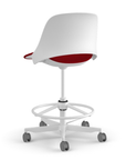 Back view of a Humanscale Trea Chair with stool base and casters. In white finish with a Parma Red fabric padded seat. Kansas City Office Furniture. 