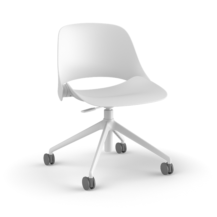Side View of a Humanscale Trea Chair with four-star task base and casters. In white finish. Kansas City Office Furniture. 