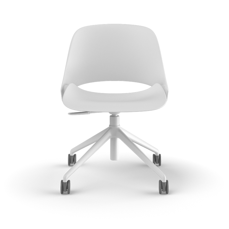 Front View of a Humanscale Trea Chair with four-star task base and casters. In white finish. Kansas City Office Furniture. 