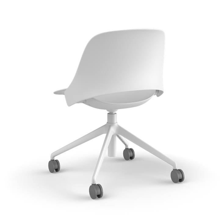 Back View of a Humanscale Trea Chair with four-star task base and casters. In white finish. Kansas City Office Furniture. 