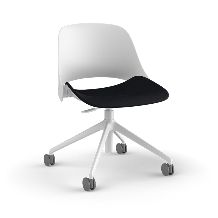 Side view of a Humanscale Trea Chair with four star task chair with casters. In white finish with a black fabric padded seat. Kansas City Office Furniture. 