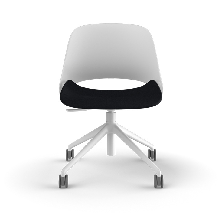 Front view of a Humanscale Trea Chair with four star task chair with casters. In white finish with a black fabric padded seat. Kansas City Office Furniture. 