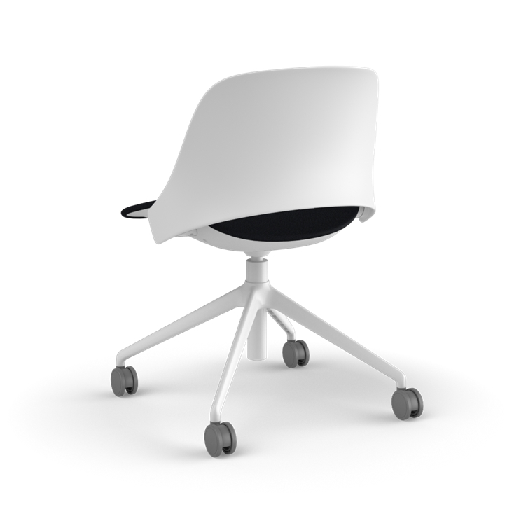 Back view of a Humanscale Trea Chair with four star task chair with casters. In white finish with a black fabric padded seat. Kansas City Office Furniture. 