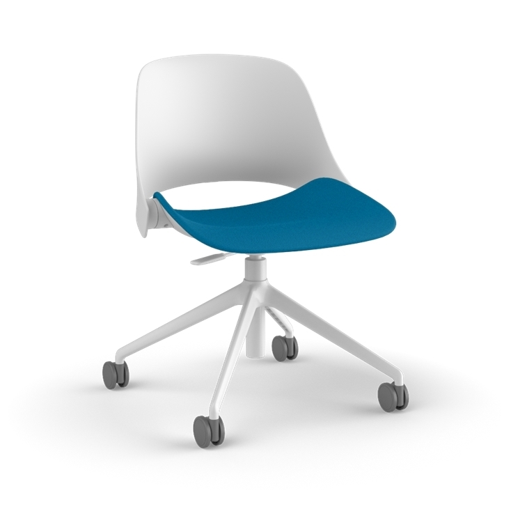 Side View of a Humanscale Trea Chair with four star task chair base and casters. In white finish with a peacock fabric padded seat. Kansas City Office Furniture. 