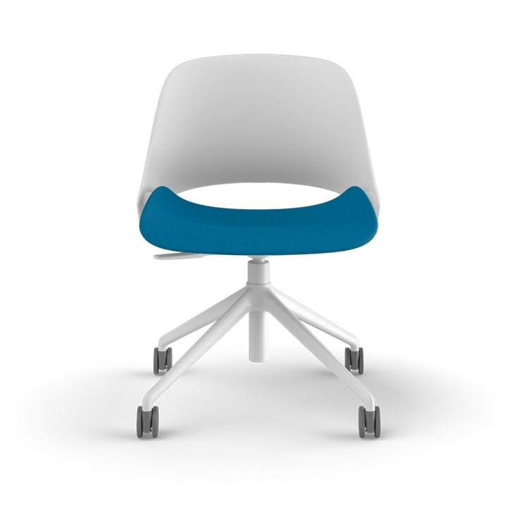 Front View of a Humanscale Trea Chair with four star task chair base and casters. In white finish with a peacock fabric padded seat. Kansas City Office Furniture. 