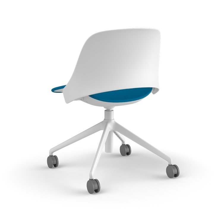 Back View of a Humanscale Trea Chair with four star task chair base and casters. In white finish with a peacock fabric padded seat. Kansas City Office Furniture. 