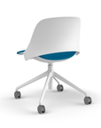 Back View of a Humanscale Trea Chair with four star task chair base and casters. In white finish with a peacock fabric padded seat. Kansas City Office Furniture. 