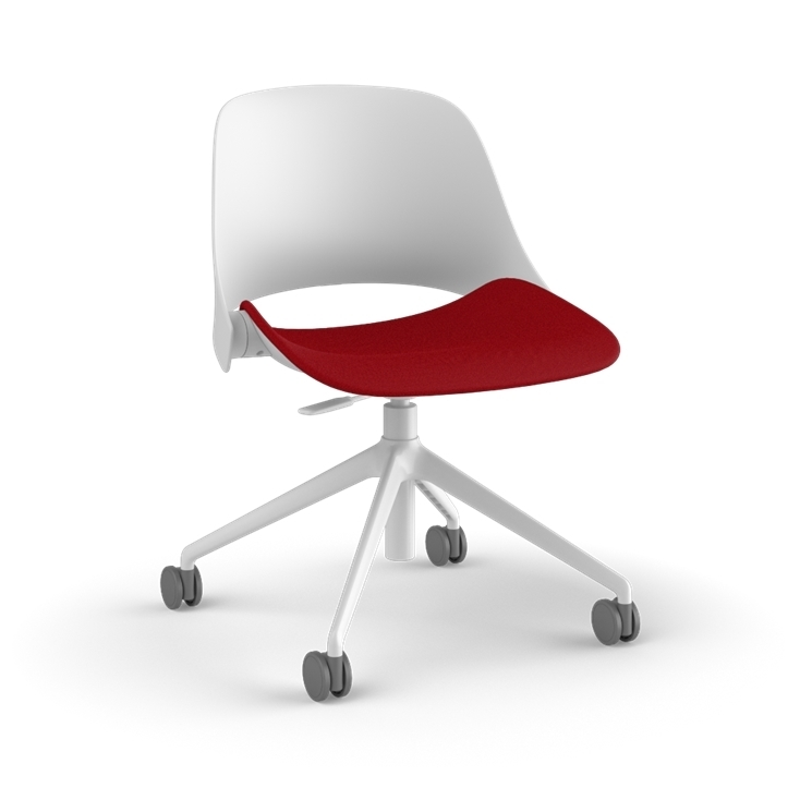 Side view of a Humanscale Trea Chair with task chair base and casters. In white finish with a Parma Red fabric padded seat. Kansas City Office Furniture. 