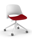 Side view of a Humanscale Trea Chair with task chair base and casters. In white finish with a Parma Red fabric padded seat. Kansas City Office Furniture. 