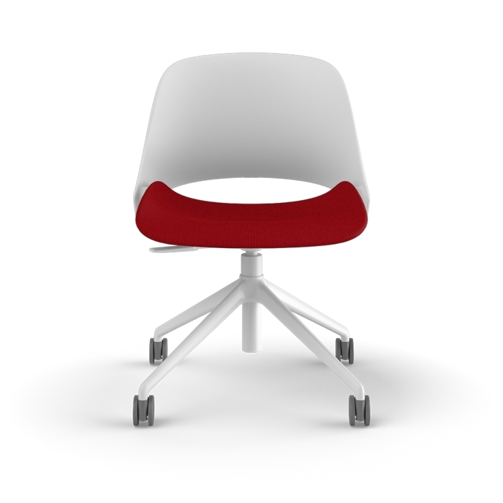 Front view of a Humanscale Trea Chair with task chair base and casters. In white finish with a Parma Red fabric padded seat. Kansas City Office Furniture. 