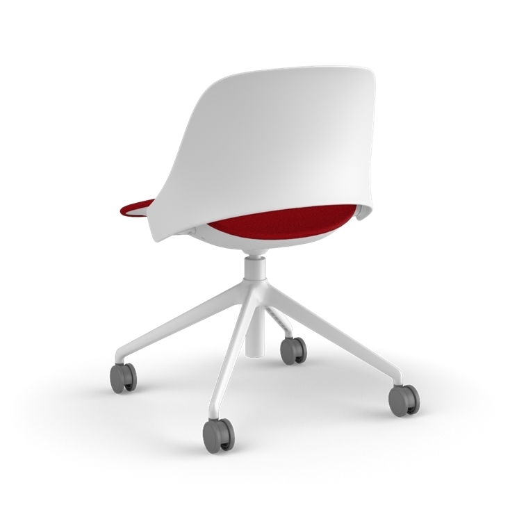 Back view of a Humanscale Trea Chair with task chair base and casters. In white finish with a Parma Red fabric padded seat. Kansas City Office Furniture. 
