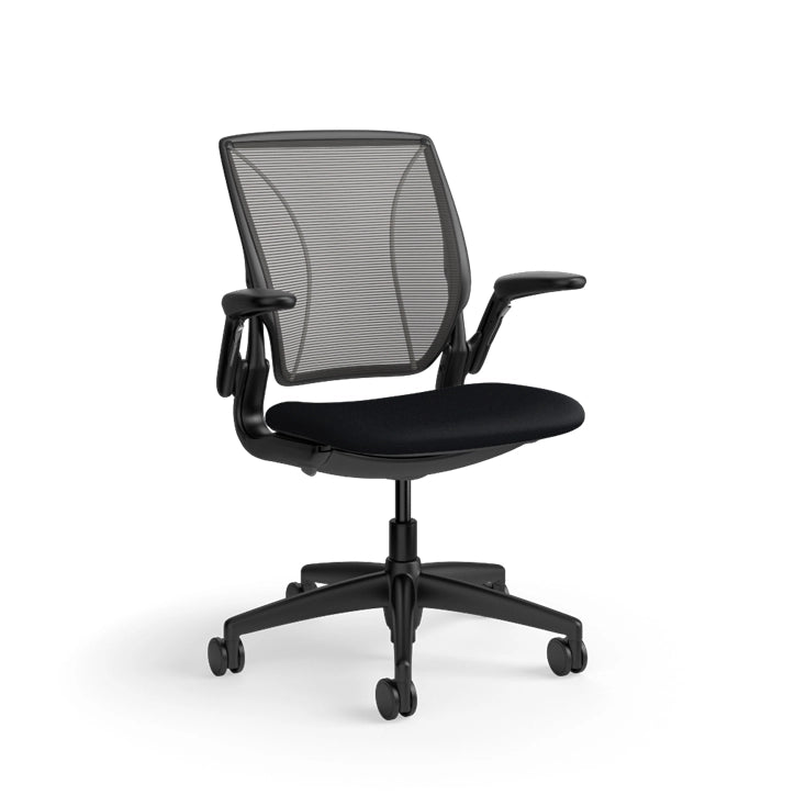 Humanscale World Chair with black mesh, Black frame, black fabric, side view. Kansas City Office Design