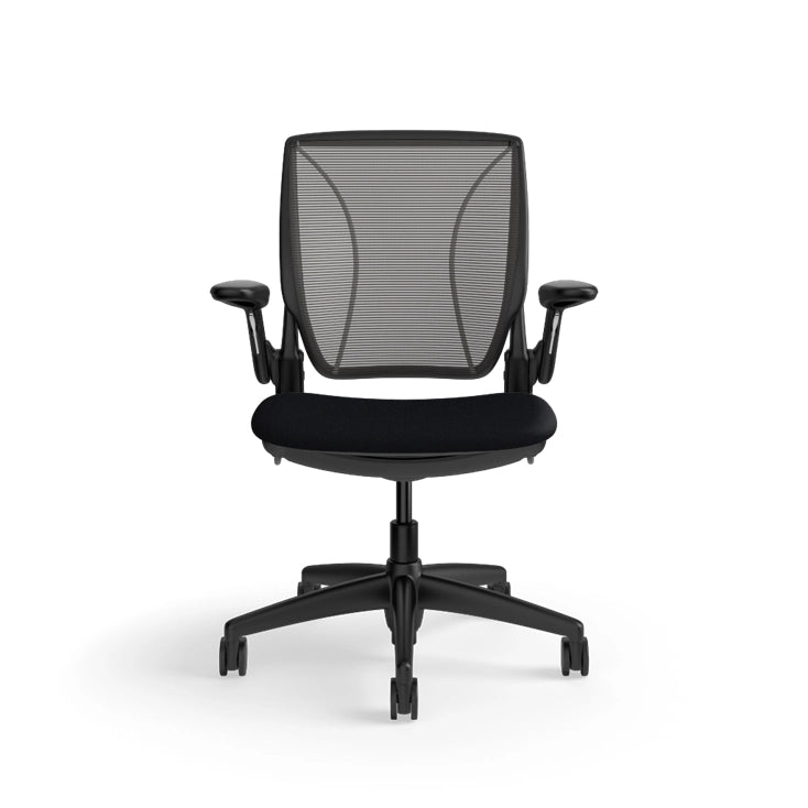 Humanscale World Chair with black mesh, Black frame, black fabric, front view. Kansas City Office Design