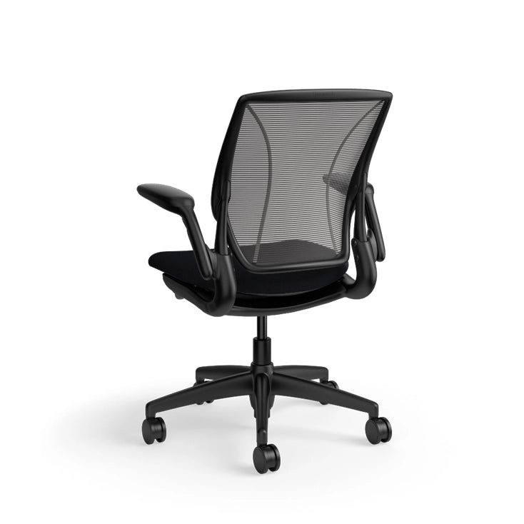 Humanscale World Chair with black mesh, Black frame, black fabric, back view. Kansas City Office Design