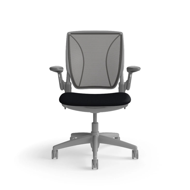 Humanscale World Chair with black mesh, gray frame, black fabric, front view. Kansas City Office Design