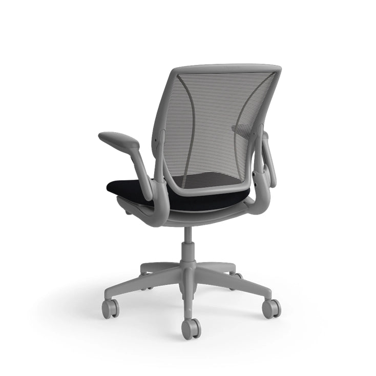 Humanscale World Chair with black mesh, gray frame, black fabric, back view. Kansas City Office Design