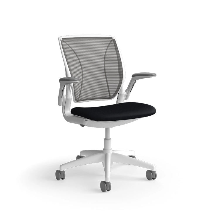 Humanscale World Chair with black mesh, white frame, black fabric, side view. Kansas City Office Design