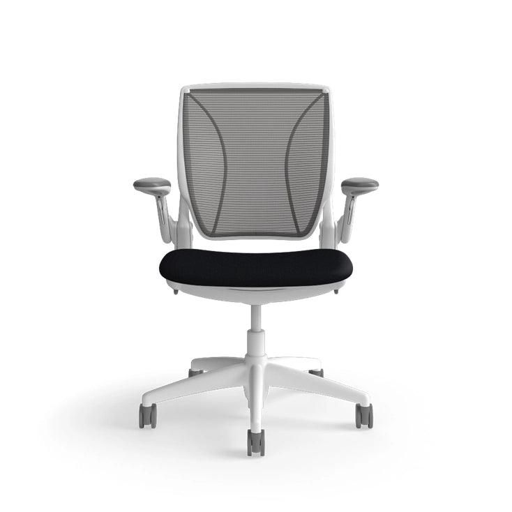Humanscale World Chair with black mesh, white frame, black fabric, front view. Kansas City Office Design