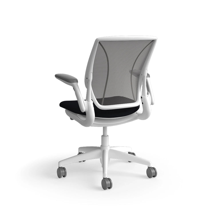 Humanscale World Chair with black mesh, white frame, black fabric, back view. Kansas City Office Design