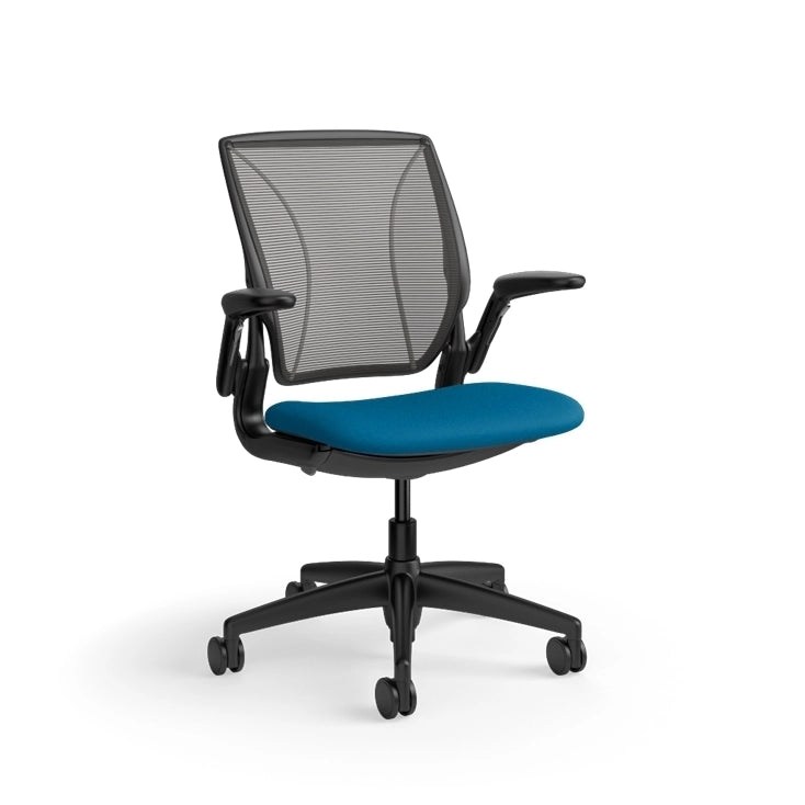 Humanscale World Chair with black mesh, black frame, peacock blue fabric, side view. Kansas City Office Design