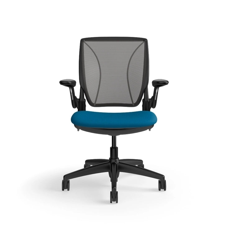 Humanscale World Chair with black mesh, black frame, peacock blue fabric, front view. Kansas City Office Design