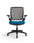 Humanscale World Chair with black mesh, black frame, peacock blue fabric, front view. Kansas City Office Design