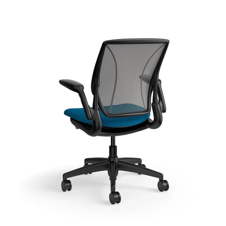 Humanscale World Chair with black mesh, black frame, peacock blue fabric, back view. Kansas City Office Design
