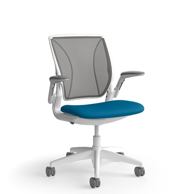Humanscale World Chair with black mesh, white frame, peacock blue fabric  — side view – Kansas City Office Design