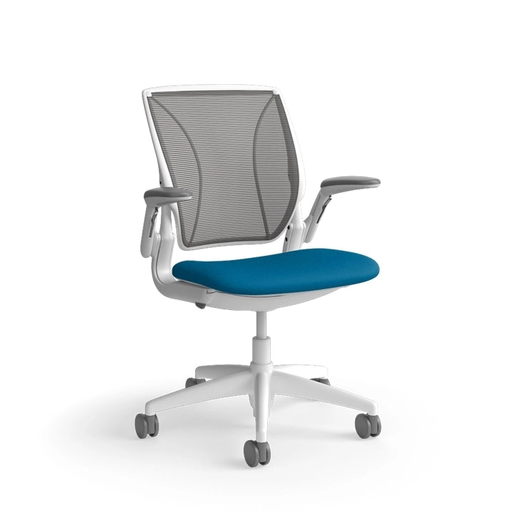 Humanscale World Chair with black mesh, white frame, peacock blue fabric, side view. Kansas City Office Design