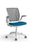 Humanscale World Chair with black mesh, white frame, peacock blue fabric  — side view – Kansas City Office Design
