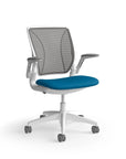 Humanscale World Chair with black mesh, white frame, peacock blue fabric, side view. Kansas City Office Design